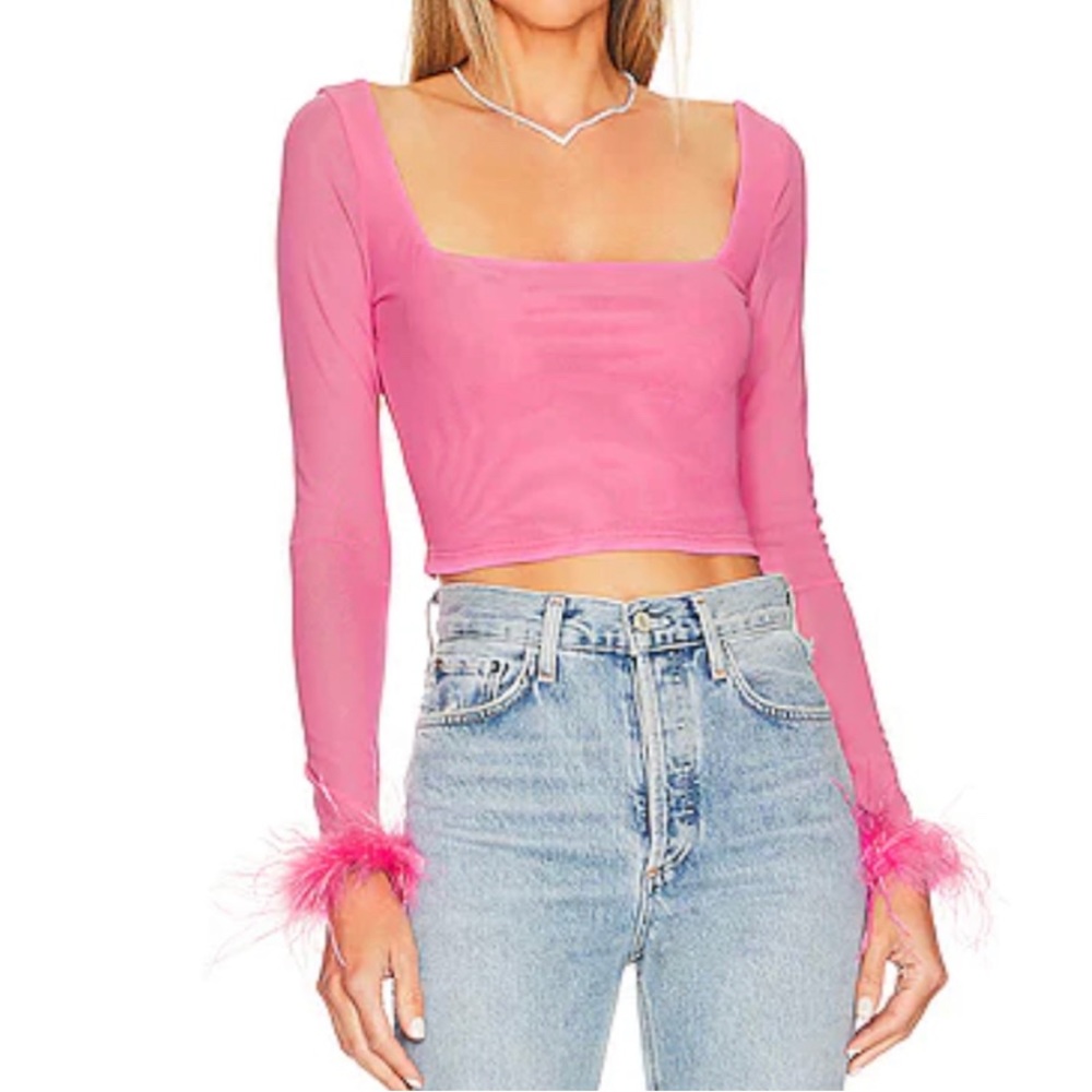 REVOLVE Pink Feather Boa Sleeve Mesh Square Neck Crop Top